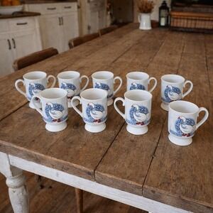 Vintage Hart & Stuart Porcelain Pedestal Mug Blue Ribbon Geese Pattern Set of 10